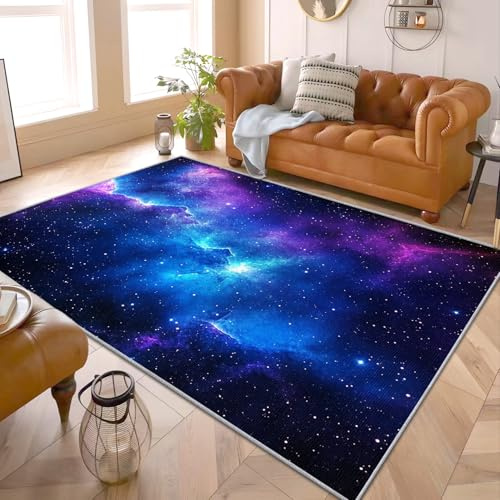 PaxGloz Galaxie Teppich - Teppiche Wohnzimmer Schlafzimmer Sternenhimmel, Großer Teppich Blau Universum, Weich Kurzflor & Waschbar & rutschfest Wohnzimmerteppich, Kinderteppich, 140x200 cm