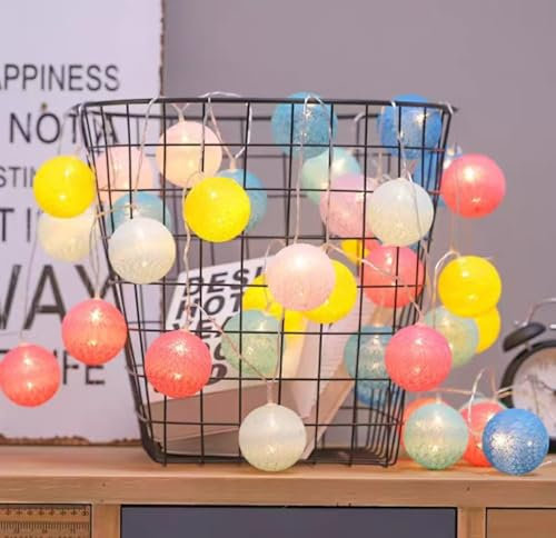ENLACE Baumwollkugeln Lichterkette Batteriebetrieben, 1,5M 10 LED Cotton Ball Lichterketten Kugeln, Bunt Baumwollkugeln Lichterkette für Kinderzimmer, Hochzeit, Weihnachten, Party, Innen Deko