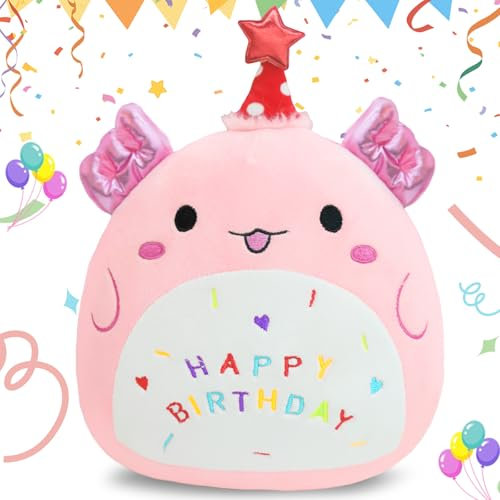 AMFUN 22cm Joyeux Anniversaire Animal en Peluche, Mignon Anniversaire Chat Peluches pour Les Anniversaires, Noël, Les Fêtes et Autres Cadeaux (Rose)