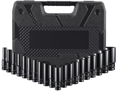 Pamatio 1/2'' Impact Socket Set, 20 Pcs (8mm - 32mm) Impact Driver Socket Sets, CR-V, Hex Long Socket Set, Deep Socket Set with Plastic Storage Box, for Home Car Repair