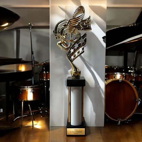 eberix · Musik Notenschlüssel Pokal · mit Wunschgravur · Trophäe mit weißer Glanzsäule · Pokal für Musikwettbewerb, Band, Chor, Musikschule, Vereinsauszeichnung · personalisierbar ·