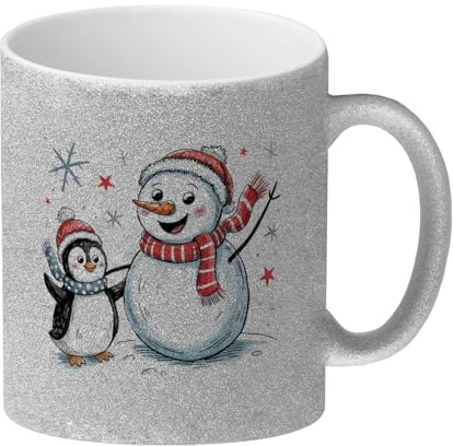 Schneemann Pinguin Glitzer-Kaffeebecher für Winterfreunde Lustige Tasse mit Spruch für Winter und Büro