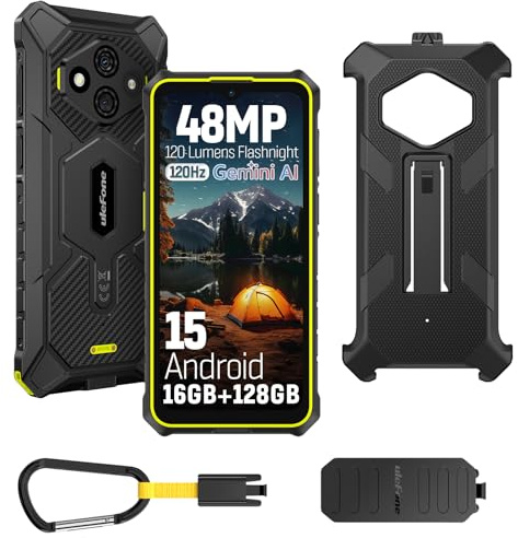 Ulefone RugKing 3 Pro Téléphone Portable Incassable Android 15, 16Go+128Go/SD-2To 5700mAh Batterie Octa-Core AI Smartphone 48MP + 8MP Caméra, 6,56 120Hz/120LM Super Torch/3-Slots/OTG/GPS/NFC Vert