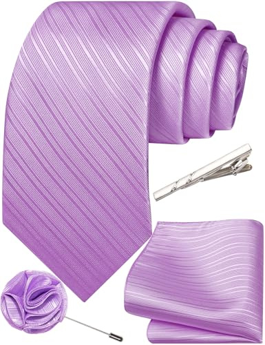 Ailisus Striped Ties for Men Solid Color Necktie Handkerchief Lapel Pin Tie Clip Wedding Party Formal Business Tie Set 4PCS