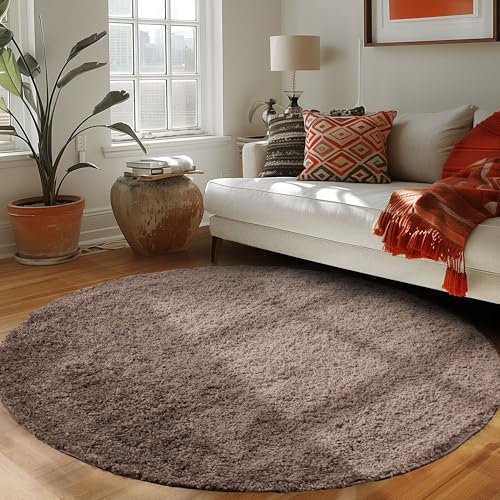 Runder Teppich Wohnzimmer Hochflor Einfarbiges Design Langflor Shaggy Modern Flauschig, Farbe: Taupe, Größe: 200 cm Rund