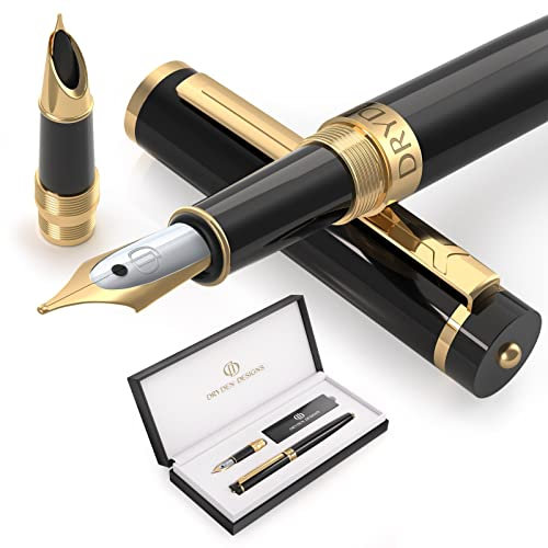 Dryden Designs Fountain Pen - Medium Nib 0.5mm & Fine Nib 0.38mm | Includes Luxury Box, 6 Ink Cartridges - 3 Black 3 Blue and Ink Refill Converter - Intense Black