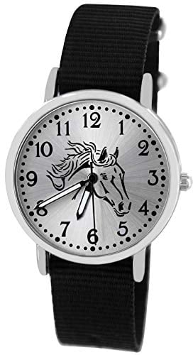 Pacific Time Mädchen Armbanduhr Uhr Pferd Pferdemotiv analog Quarz mit Textilarmband schwarz 10407