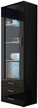Mirjan24 Vitrine Standvitrine Soho S1, Glasvitrine, Vitrinenschrank, Hochschrank, Stauraumvitrine, Wohnzimmer Highboard Schrank (Schwarz/Schwarz Hochglanz, mit Blauer LED Beleuchtung)