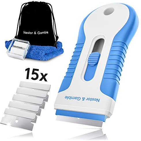 Nestor&Gamble | Herdschaber Ceranfeld Kratzer Set + 15Stk Edelstahl Ersatzklingen für Privat wie Gastronomie für Induktionsherd Cerankochplatte Backofen & Co für Glas Autoscheiben Fliesen Aquarium