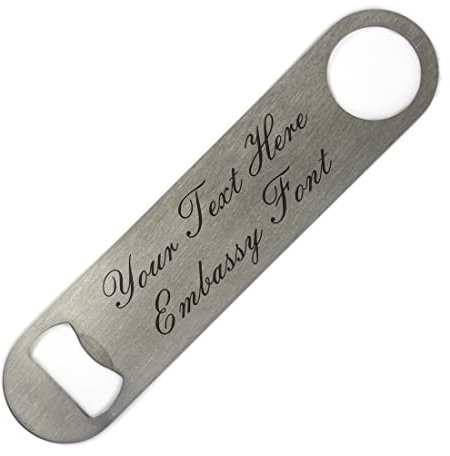 ShopQuality4U Personalised Stainless Steel Bar 18cm/7 Blade Bottle Opener Printed with Any Message That Does Not Fade or Wash Off - Enter Your Own Custom Text Embassey Font Double Sided