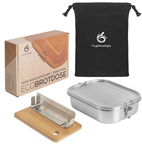 hydro2go auslaufsichere Lunchbox aus Edelstahl – BPA-frei, plastikfrei, mit Trennwand, Schneidebrett und Baumwolltasche – für Kinder & Erwachsene (1400 ml)