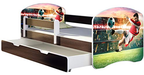 ACMA Kinderbett Jugendbett mit Einer Schublade und Matratze Wenge mit Rausfallschutz Lattenrost II 140x70 160x80 180x80 (37 Fußballer 2, 140x70 + Bettkasten)
