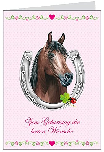 Zum Geburtstag die besten Wünsche Für alle Reiter und Pferde Freunde Geburtstagskarte in Rosa für ein Mädchen mit einem Pferd, Hufeisen, Kleeblatt, Glückskäfer und Blümchen (Mit Umschlag) (4)