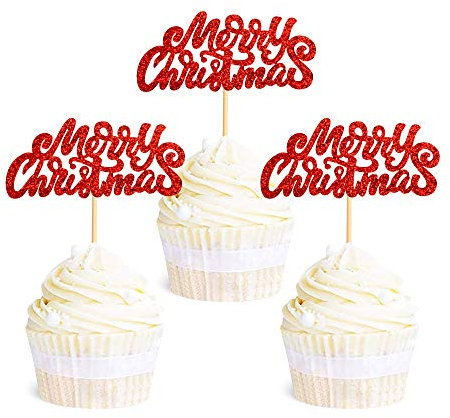 36pc Merry Christmas Cupcake Toppers - Red Christmas Cake Toppers Toothpick Flags for Cake Decorations & Party Supplies