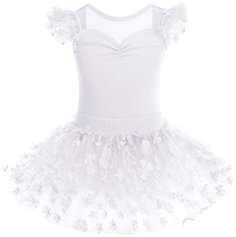 IMEKIS Mädchen Kinder Ballett Kleid Baumwolle Gymnastik Trikot Tutu Rock Fliegenärmel Rückenfrei Blume Bodysuit Tanz Kostüm Prinzessin Fee Ballerina Dancewear Weiß 3-4 Jahre