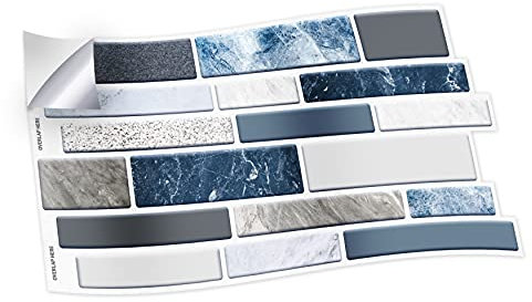 WALPLUS 12pcs(28.5x14cm/11.2x5.5in) Purity Stone Blue and Grey Mosaic Wall Tile Sticker Peel and Stick Backsplash Decals Vinyl Home Decors Splashback for Kitchen Bathroom Tile Paint Stick on Wall