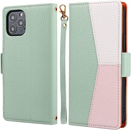 ZCDAYE Phone Case for iPhone 13 Pro Wallet Case with Card Slots Wrist Strap, Folio Flip Leather Cover for iPhone 13 Pro - Splicing Green