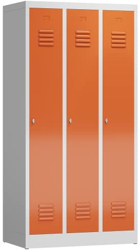 Lüllmann 3er Spind Spint komplett montiert Umkleide Stahl Kleiderspind 180x87x50cm Gaderobenschrank (RAL 7035/3000 lichtgrau/feuerrot)