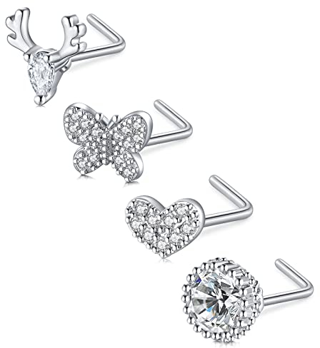 JFORYOU 20G Nasenstecker Chirurgenstahl Nasenpiercing Zartes und trendiges Design CZ Schmetterling Hirschkopf und Herz L-förmig Nasen Schmuck Frauen