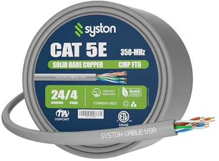 Syston Cable Technology Fire Resistance Cat 5e Bulk Ethernet Cable Raw Grey 50ft 350MHz with zipties & Wall Clips 24AWG 4pr UTP Solid Bare Copper Plenum CMP/CL2P/FT6 Rated 1 Ft to 1000 Ft Available