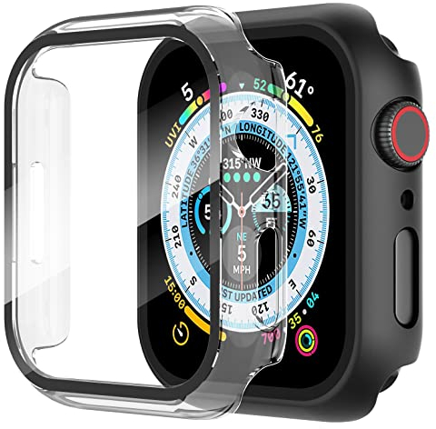 Diruite 2 Piezas Funda para Apple Watch Series 6/5/4/SE 40mm Protector Pantalla Cristal Templado Incorporado HD Protección Completa PC Dura Estuche Case,Negro+Transparente,40mm