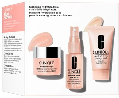 Clinique Moisture Surge Skincare Set, 100H Auto-Replenishing Hydrator 15 ml + Face Spray Thirsty Skin Relief 30 ml + Overnight Mask 30 ml