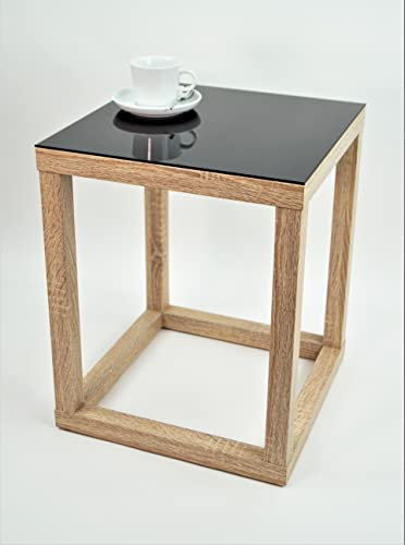 freeroom24, Table d'appoint, table de salon, table basse, table basse, table basse, tabouret à fleurs, colonne à fleurs, cube, aspect bois imitation chêne Sonoma, verre noir, 50 x 50 x 60 cm