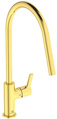 Ideal Standard – Gusto Küchenarmatur, Hoher Auslauf mit zylindrischem Querschnitt, mit FirmaFlow Kartusche, Schwenkbereich 360°, Schnellmontagesystem EasyFix+, Brushed Gold