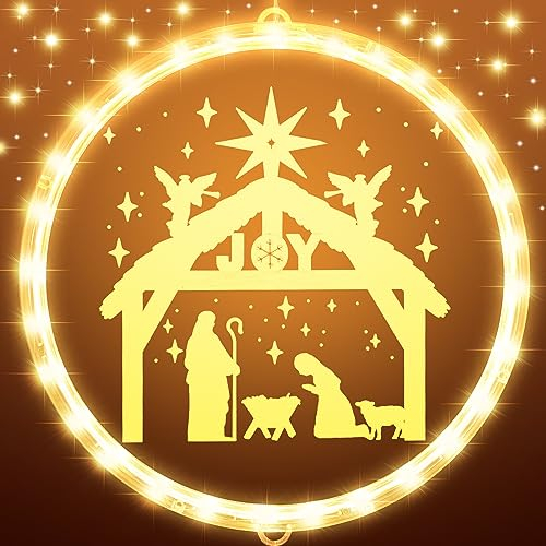 ROCEEI Lumières décoratives de Noël de 24 cm, crèche de Noël à suspendre, panneau lumineux intérieur ou extérieur, crèche de Noël, décoration de nuit sainte, panneau de Jésus chrétien pour fête de