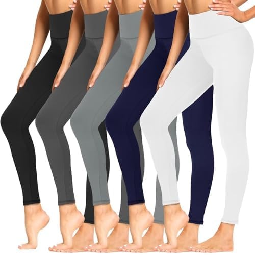 Sundwudu 5er-Pack Leggings mit Taschen für Damen, Bauchkontrolle, hohe Taille, weich, schwarz, Workout-Yogahose, Schwarz, Grau, Hellgrau, Marineblau, Weiß, S/M
