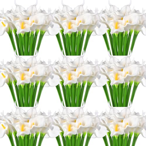 Hanaive Künstliche Calla-Lilien, fühlen sich echt an, für Hochzeitsstrauß, 34 cm, künstliche Calla-Lilien, Kunstblumen für Zuhause, Küche, Hochzeitsstrauß, Muttertagsdekoration, Weiß, 100 Stück
