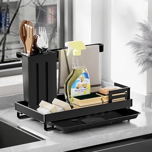 INFOMAG Spülbecken Organizer Spülorganizer Spüle Organizer Caddy Kohlenstoffstahl Abwasch Küchenspüle Organizer Spülorganizer Küche Spülbecken Utensilienhalter für Küche (Schwarz)