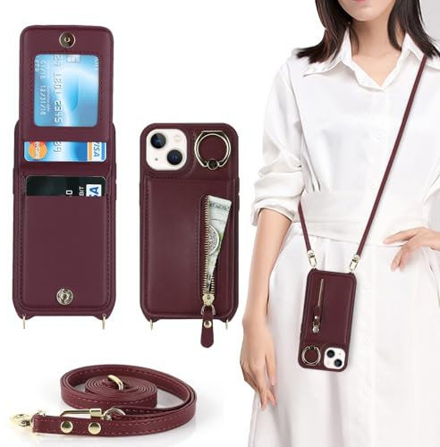 Zouzt for iPhone 13 Mini Case with Cord and Card Holde, Zipper Wallet Case with Crossbody Lanyard Ring Adjustable Necklace Protective Cover Women for iPhone 13 Mini 5.4 Inch - Burgundy