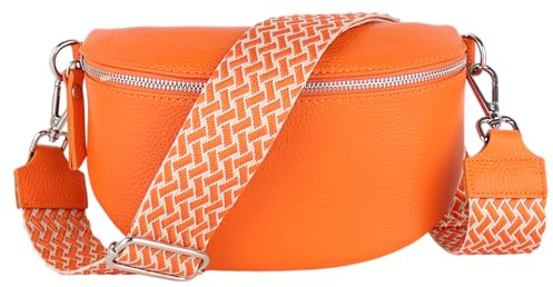 MIRROSI® Bauchtasche Damen, Echtleder, Made in Italy, Umhängetasche, Brusttasche, Crossbody Bag (1 Tasche & 2 Gurte) (Orange (Flecht), Kleine Tasche (22x13x6cm))