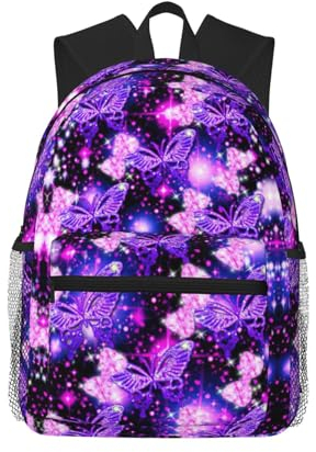 WURTON Unisex-Rucksack mit Totenkopf-Skelett-Motiv, doppelte Schulter, Tagesrucksack, leichte Tasche, Freizeittasche, Reiserucksack, Violetter niedlicher Schmetterlings-Aufdruck, Einheitsgröße