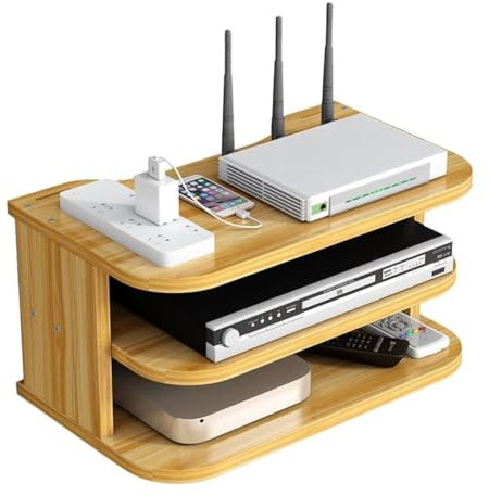 HOMION Media Shelf WiFi Router Storage Box Floating Shelves TV Set-Top Rack Sky box, Wall-Mounted Multi-Layer Cable Management Storage Rack for Wall Decoration (Natural, 3 Tier)