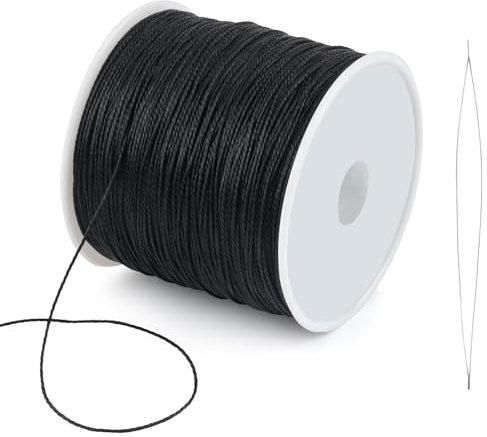 Gewachste Schnur, 0,5mm x 106m Gewachster Faden, Wachsschnur mit Perlennadel, Polyesterschnur Gewachstes Garn für Armbänder, Halsketten, Schmuckherstellung, DIY Basteln (Schwarz)