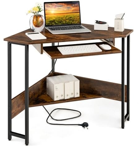 COSTWAY Corner Computer Desk, Triangle PC Laptop Table with Power Outlet and Storage Shelf, Space Saving Wooden Study Desk Writing Workstation for Home Office Bedroom (Brown, with Keyboard Tray)