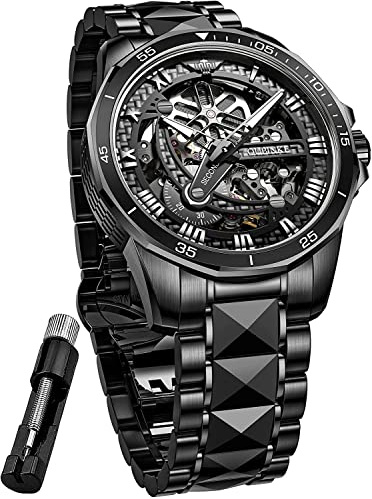 OUPINKE Watches for Men Mechanical Self Winding Automatic Designer Waterproof Black Dress Metal Black Skeleton Stainless Steel Gent Wrist Watch