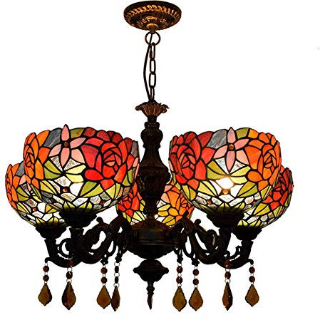 PCECKHFN Luminaire Vintage Lustre Tiffany 24 Pouces 5 lustres Lustre Salle à Manger Salon Café Bar Lustre Lustre en Verre Rose Rouge