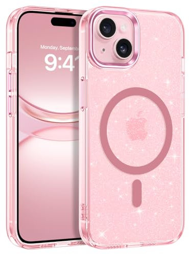 GaoBao Cover per iPhone 15 6,1”,[Compatibile con MagSafe], custodia per telefono trasparente rosa glitter, materiale TPU e PC, anti-ingiallimento, protezione perfetta! (rosa)