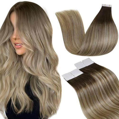 LaaVoo Echthaar Tape Extensions Ombre Braun Extensions Echthaar Tape Balayage Braun zu Hellbraun und Hellblond Haarverlängerung Echthaar Tape Remy 35cm #3/8/24 20pcs