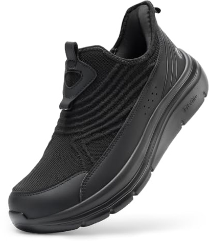 FitVille Men's Extra Wide Slip-On Walking Shoes, Hands-Free Orthopedic Sneakers with Arch Support for Plantar Fasciitis, Bunions and Hammertoes – Step Ease V1 Jet Black