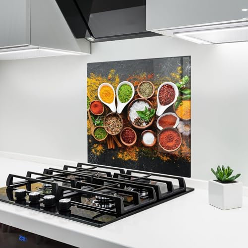 ARTHUB® Küchenrückwand aus Glas 60x60 cm, 5mm ESG | Spritzschutz, Glasplatte, Herdspritzschutz, Wandschutz für Herd, Hartglas, Lebensmittel, Gewürze, Colorful Herbs Spices