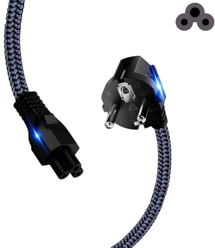 Goalfish - Cavo di alimentazione a 3 poli, 3 m (connettore di protezione tipo F CEE 7/7 90° ad angolo su presa C5, VDE), in nylon intrecciato per TV, monitor, PC, laptop, notebook, alimentatore di