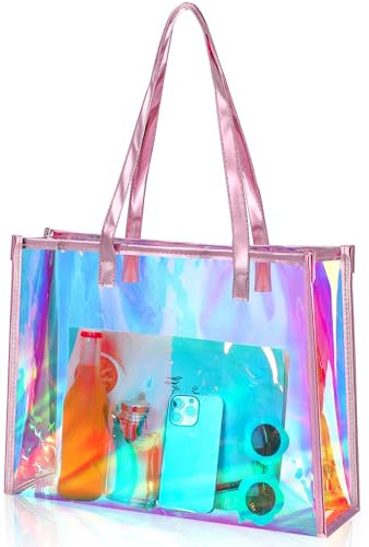Aliceset Bolsa holográfica transparente con asa de cuero iridiscente para despedida de soltera, playa, trabajo, estadio, viajes, Rosado