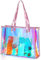 Aliceset Holografische transparente Tragetasche mit Ledergriff, schillernd, für Junggesellinnenabschiede, Strandtasche für Arbeit, Stadion, Reisen, Pink, Large