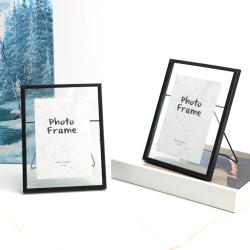 QWORK® 2 stücke 15x20 cm glas-bilderrahmen, schwarze fotorahmen, schwebender rahmen mit ständer, für fotos, kunst und dekorationen
