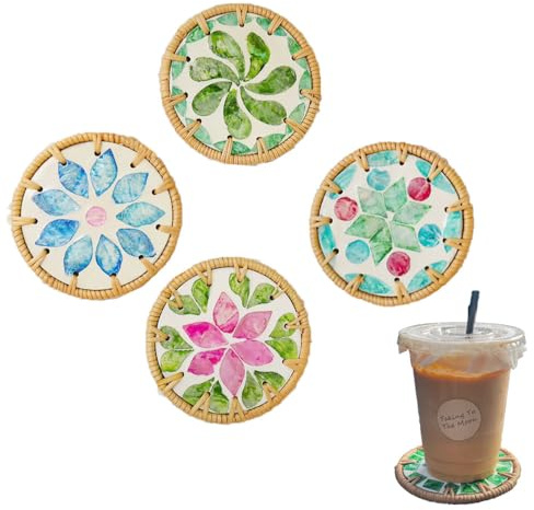 Lot de 4 Dessous de Verre Ronds Tressés en avec Motif Floral Coloré, Shell Mother sous - Verres- Protection de Table pour Café, Thé, Cocktails, Décoration Bohème pour Maison et Bar