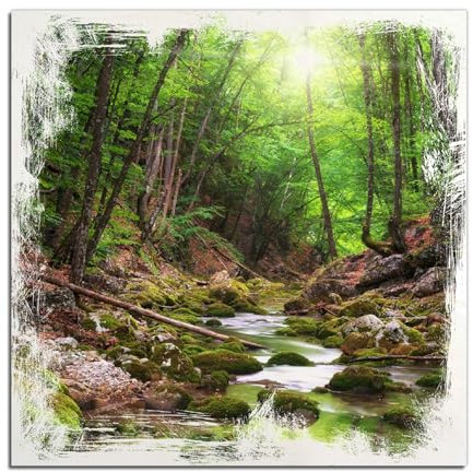 Wallario Wandbild aus Holz Fluss im Wald - 50 x 50 cm in Premium-Qualität: Brillante Farben